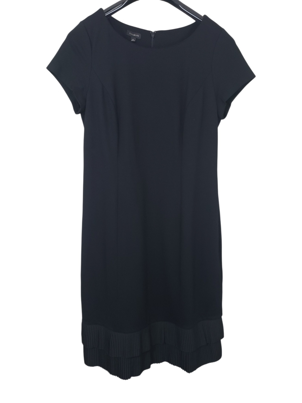 Talbots Ponte Stretch Black Plisse Tiered Pleated Hem Dress Size 10